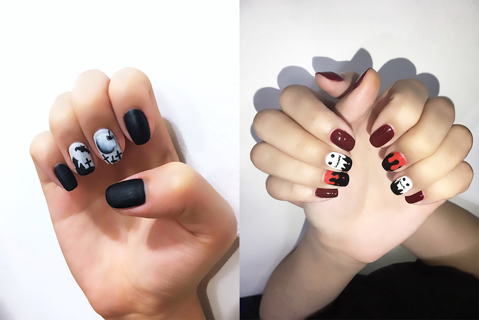 side by side photos, candy corn nails, black matte nail polish, cemetery decorations, squoval nails