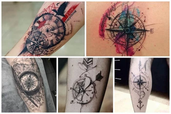watercolor tattoos, photo collage, simple compass tattoo, forearm tattoos, leg tattoos