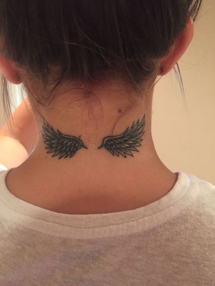 back of the neck tattoo, girl with white top, brown hair, angel tattoos for men, white background