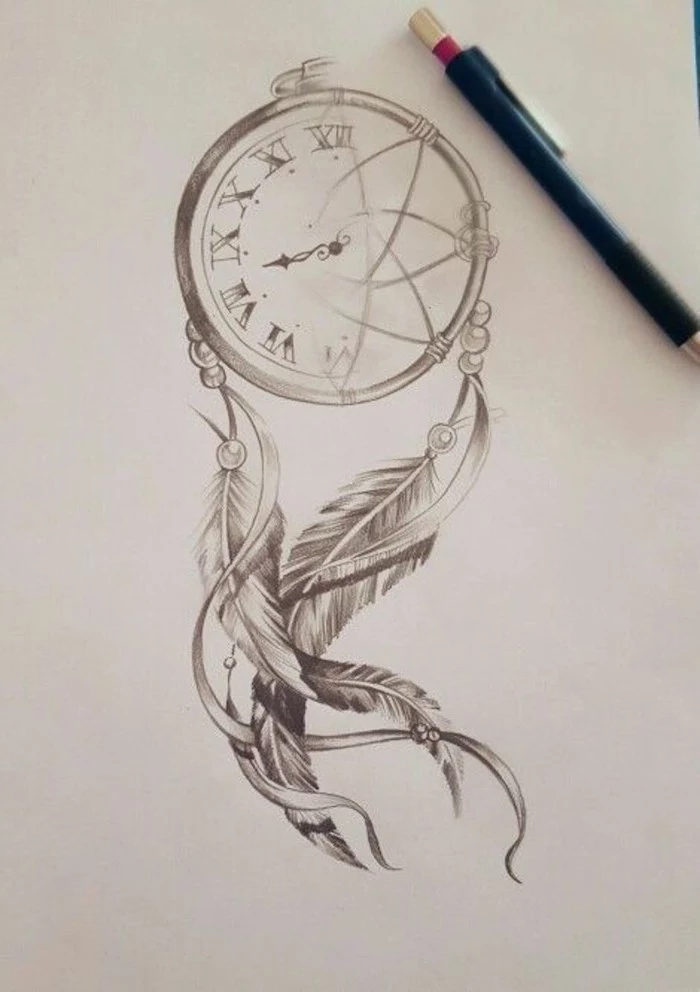 black and white drawing, dream catcher tattoo on back, stop watch, black pencil
