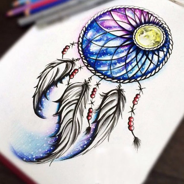 dream catcher tattoo on back, watercolor drawing, purple pink and blue colors, white paper