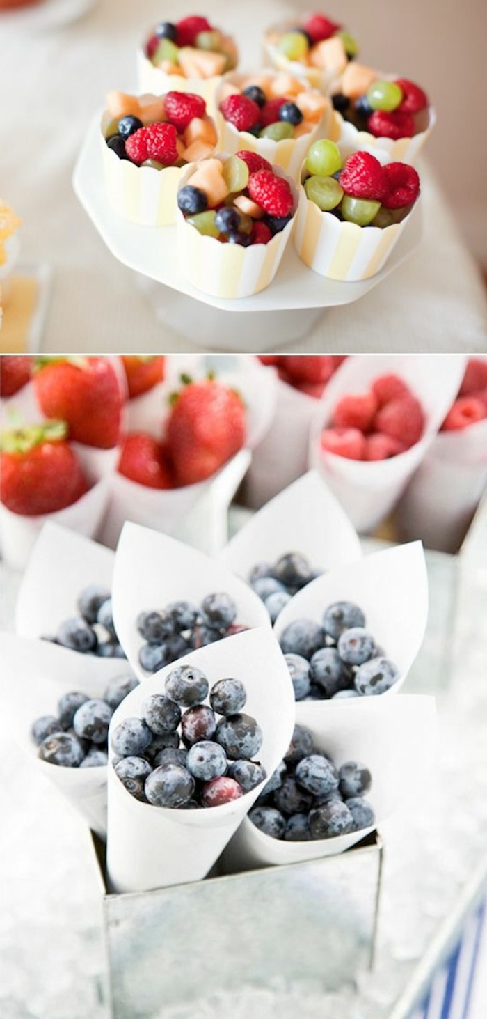 paper cups, fruits inside, fancy breakfast, blueberries and strawberries, grape and melon