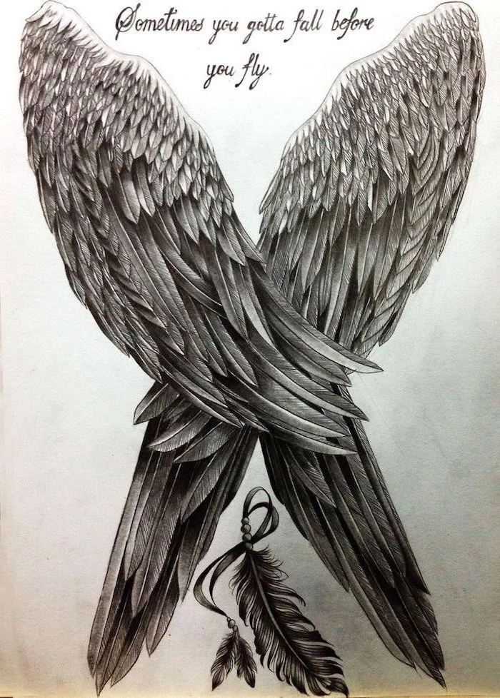sometimes you gotta fall before you fly, cross with wings tattoo, black and white, pencil sketch, angel wings