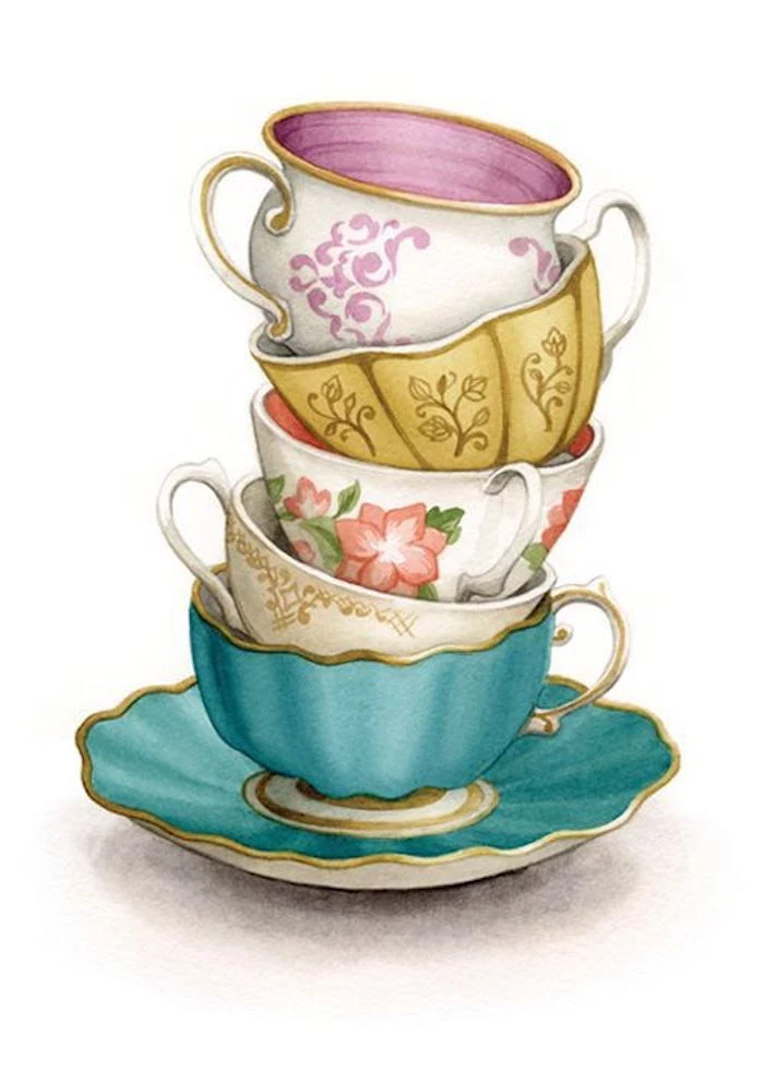 vintage tea cups, in different colors, tracer drawing, white background