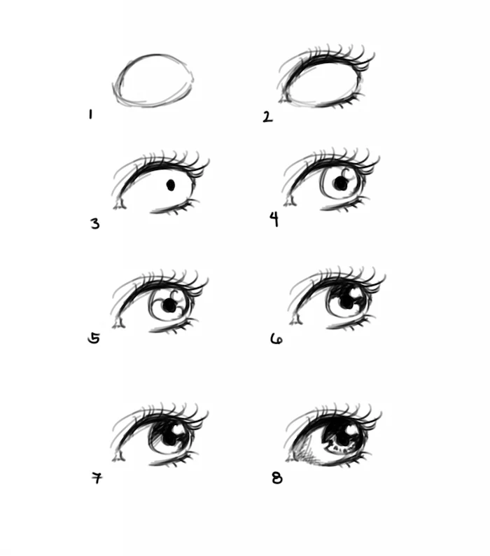 step by step, diy tutorial, how to draw an eye, black and white sketch, drawing images