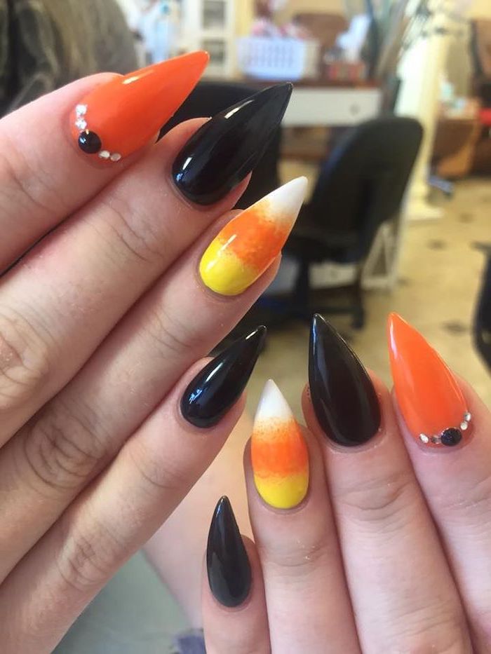 orange ombre nails, orange and black, nail polish, yellow orange and white, ombre nail decoration