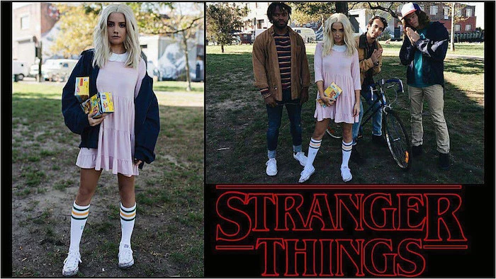 stranger things characters, eleven and mike, dustin and lucas, famous halloween characters, eggo waffles