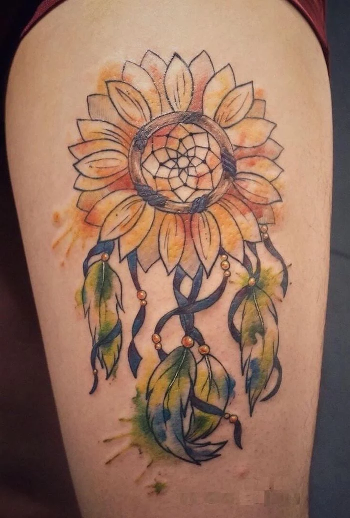 sunflower dreamcatcher, watercolor tattoo, thigh tattoo, dream catcher tattoo on back, dream catcher watercolor tattoo