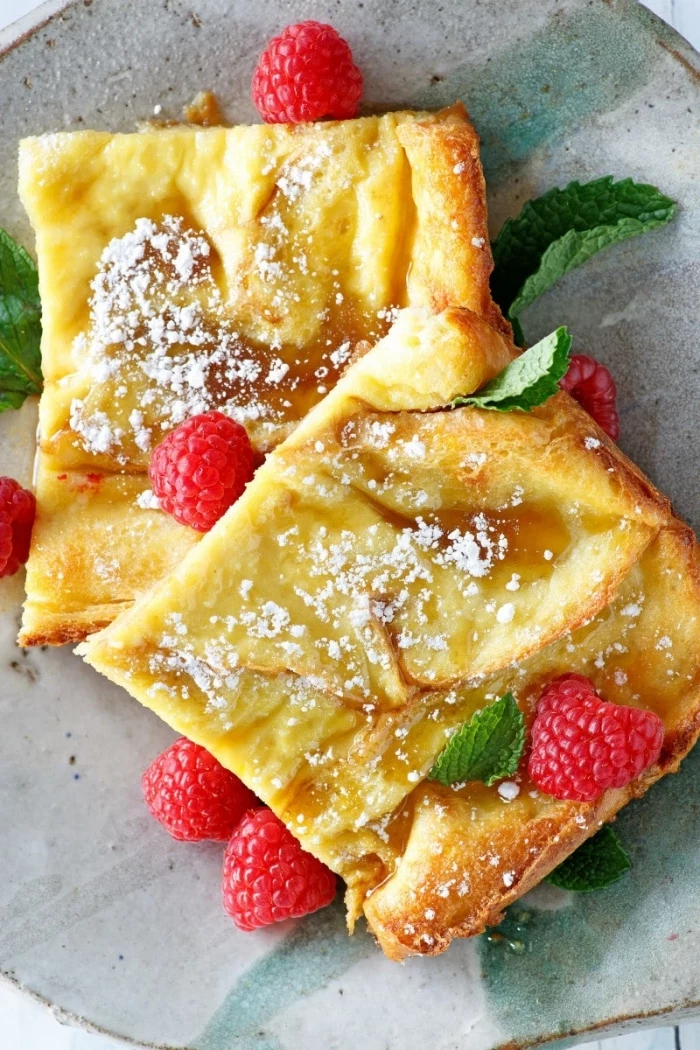 egg toast, raspberries on top, mint leaves, powdered sugar, brunch ideas