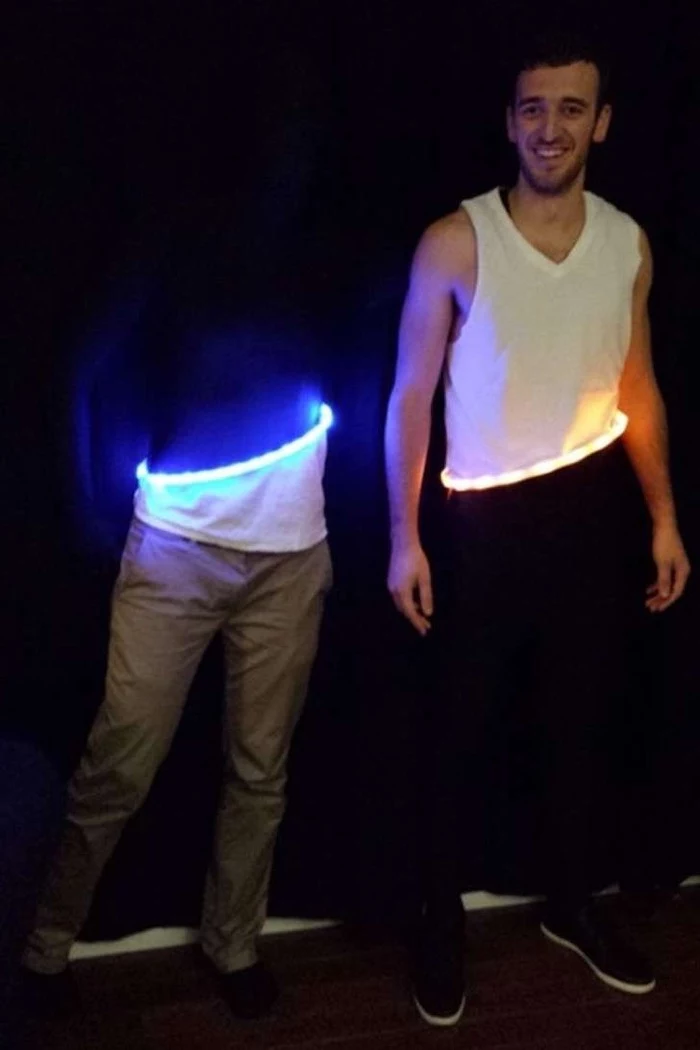 man separated in half, by teleport circles, pinterest halloween costumes, neon lights, black background