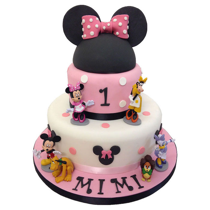 white black and pink fondant, minnie mouse cake pan, three tier cake, disney characters figurines