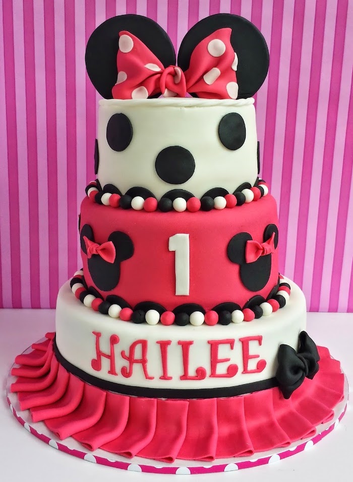 three tier cake, minnie mouse cake pan, white and pink fondant, pink background