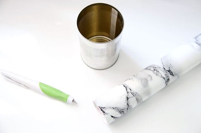 tin can, marble paper, pocket knife, office desk decor, white background, step by step, diy tutorial