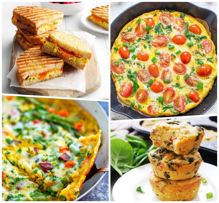 photo collage, baked casserole, toast sandwiches, egg muffins, things to make for breakfast