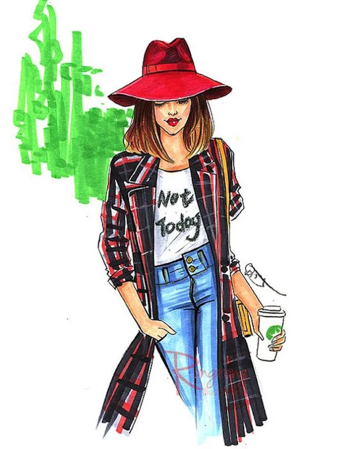 girl wearing jeans, white shirt, long coat, red hat, holding a coffee cup, pics to draw