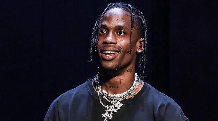 travis scott, wearing a black t shirt, silver necklaces, braided hairstyles for men, black background