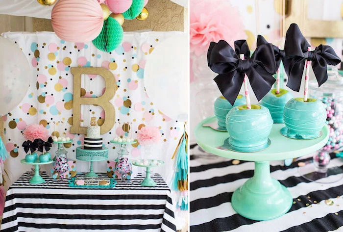 side by side photos, colorful decor, cake pops, two tier cake, minnie mouse baby shower, turquoise cake stand