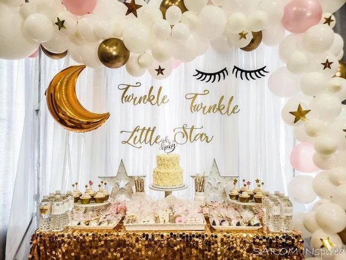 baby girl baby shower themes, twinkle twinkle little star, white and gold decor, dessert table