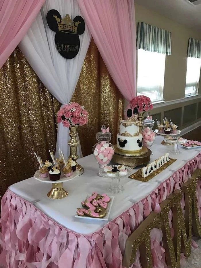 minnie mouse theme, baby girl baby shower themes, pink and white tulle, gold sequins, dessert table, three tier cake