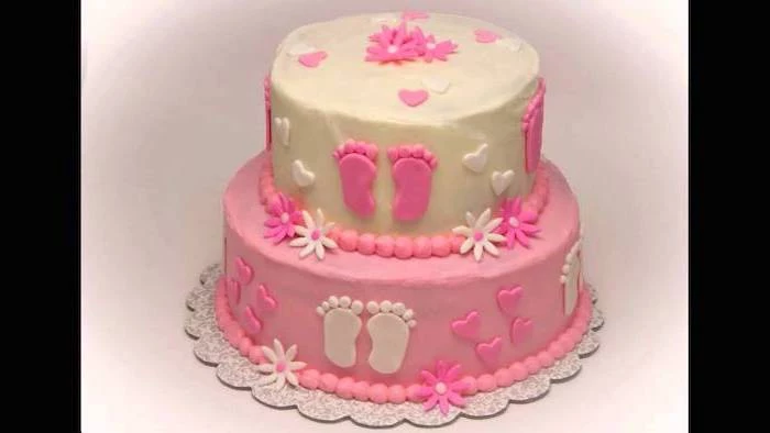 two tier cake, white and pink fondant, silver tray, baby girl baby shower themes