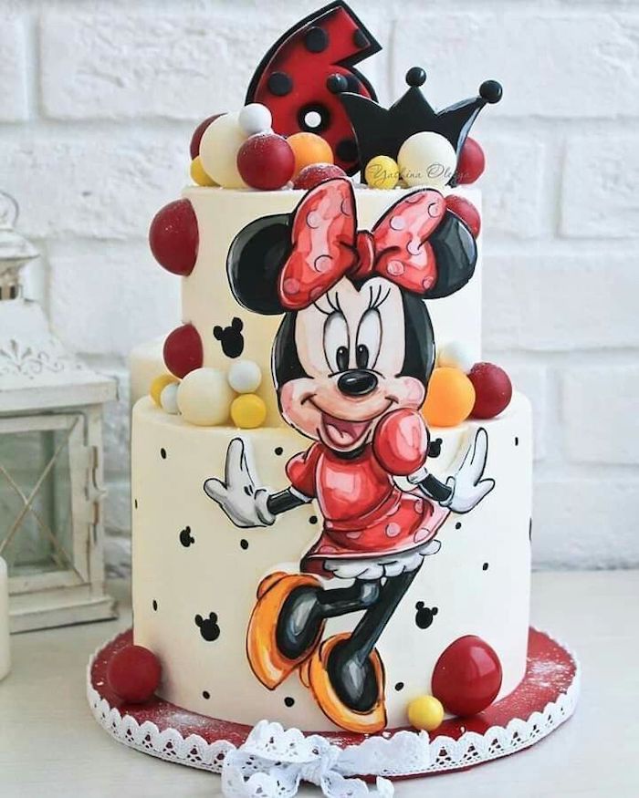 white fondant, red and yellow candy, two tier cake, minnie mouse smash cake, white brick wall