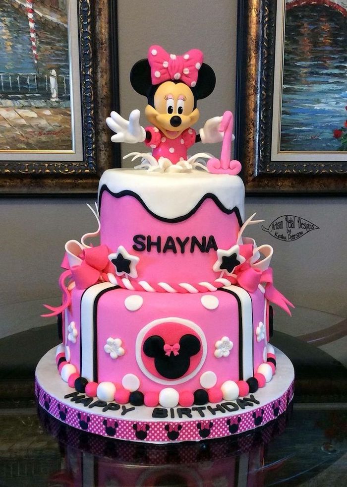 two tier cake, minnie mouse smash cake, pink fondant, minnie mouse cake topper