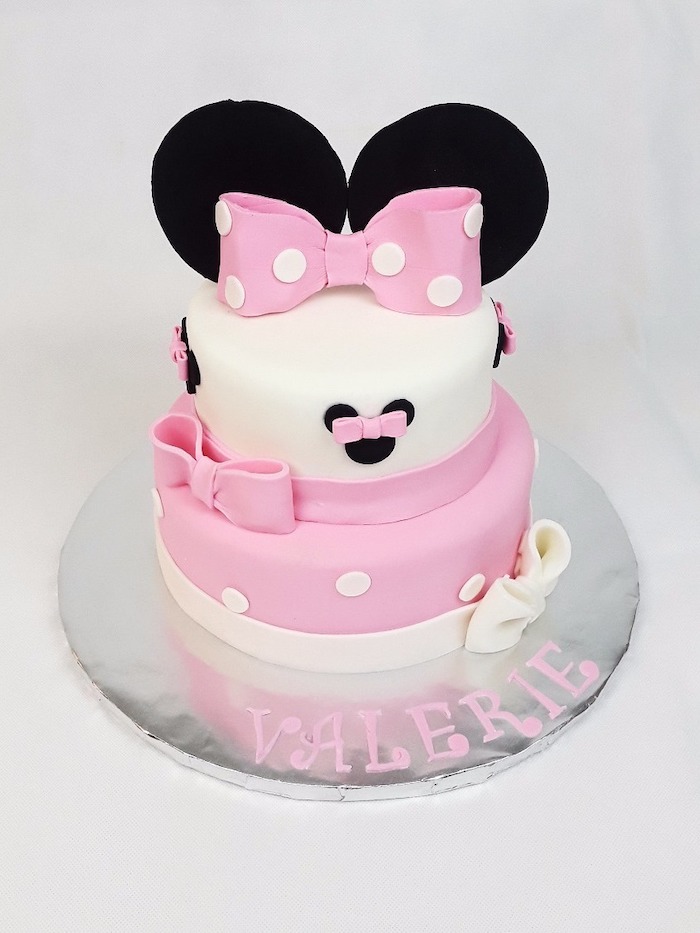 two tier cake, pink and white fondant, black ears, pink bow, minnie mouse smash cake