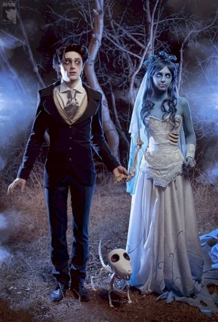 victor and corpse bride, man in a suit, woman with wedding gown, halloween costume ideas for men, spooky forrest