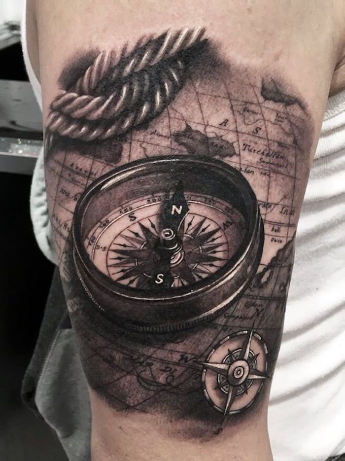compass tattoo forearm, vintage map of the world, arm tattoo, white top, 3d tattoo