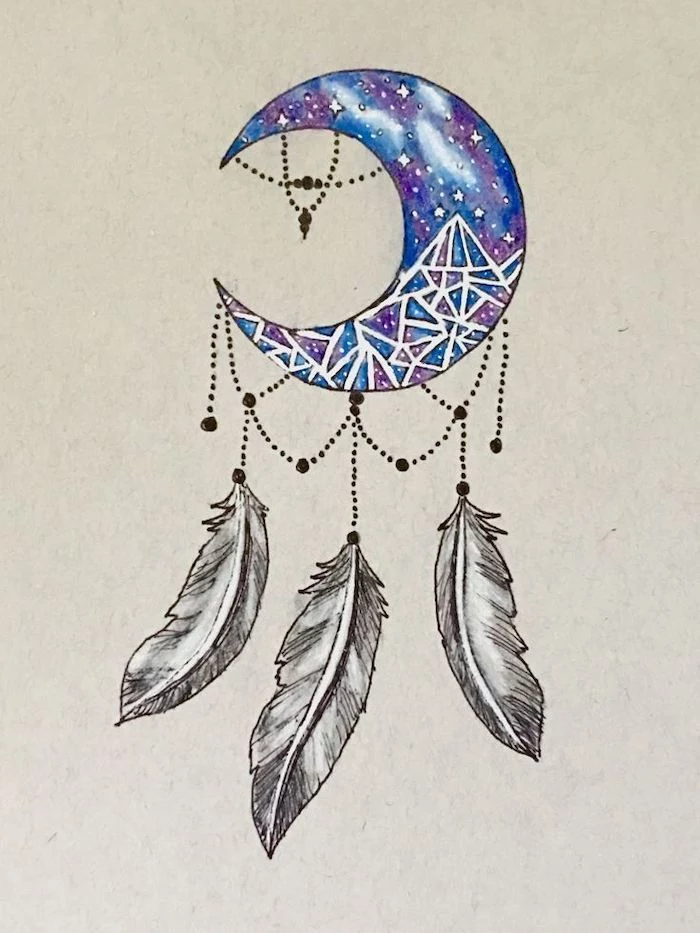 small dream catcher, watercolor drawing, crescent moon, blue and purple colors