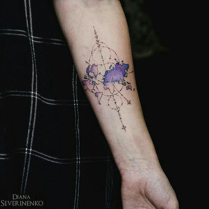 compass tattoo ideas, watercolor tattoo, forearm tattoo, black background, map of the world