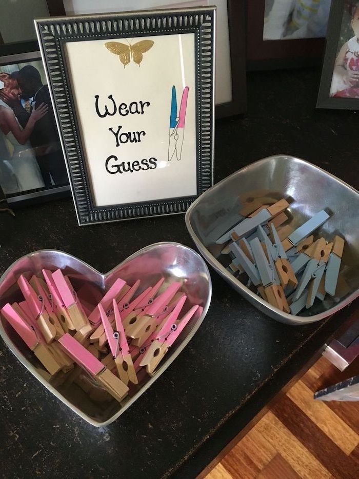 gender reveal smoke cannon, two metal bowls, pink and blue clothespins, wear your guess