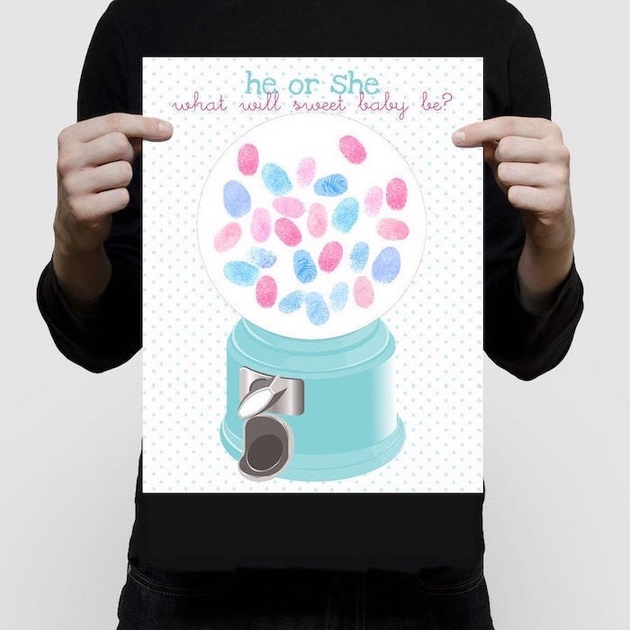 gumball machine drawing, pink and blue fingerprints, gender reveal smoke cannon