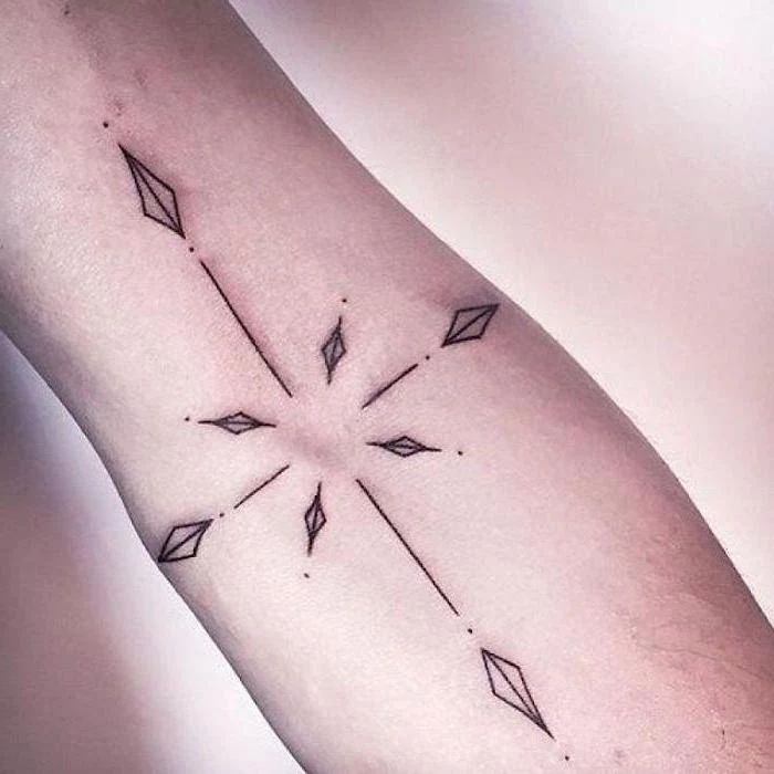deconstructed compass, simple design, compass tattoo ideas, forearm tattoo, white background