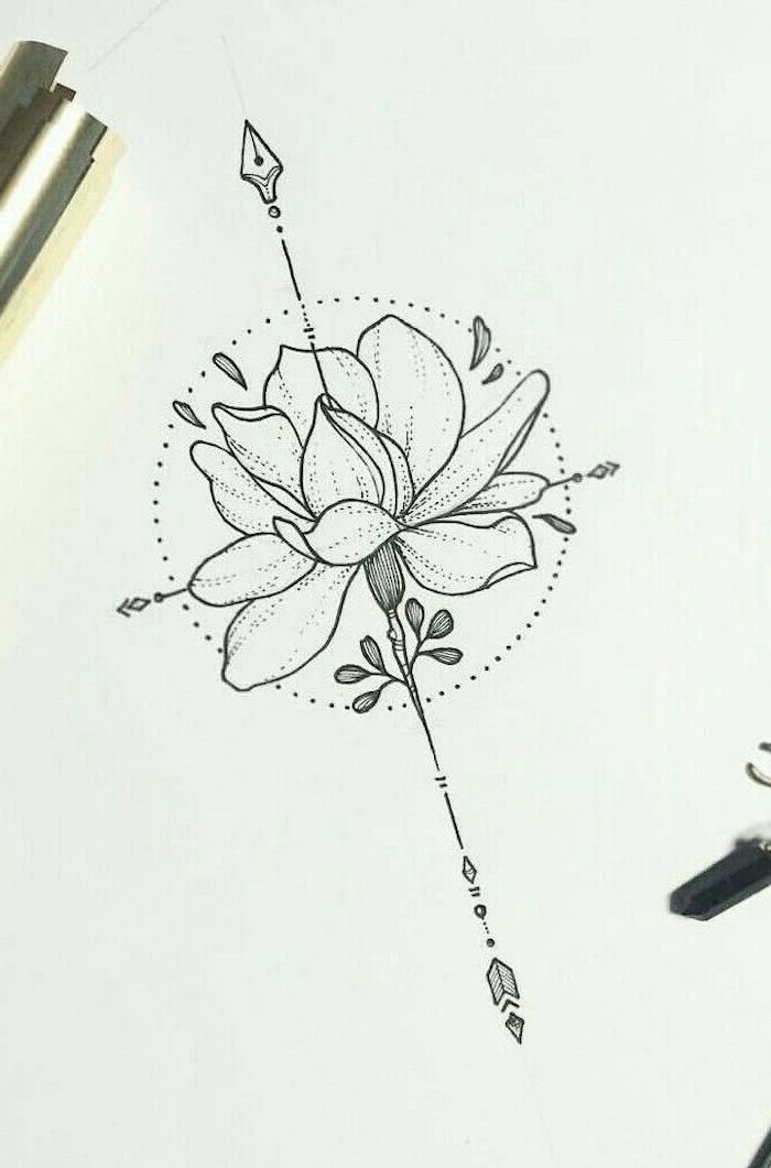 black and white drawing, compass tattoo ideas, lotus flower in the middle, white background