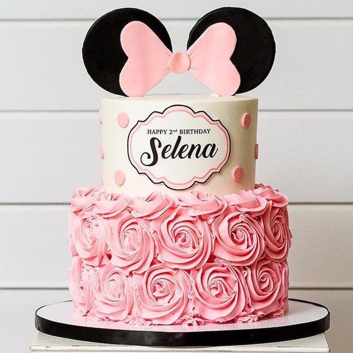 happy birthday selena, two tier cake, white fondant, pink frosting, how to make a minnie mouse cake