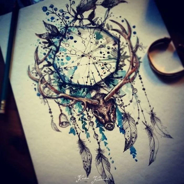 watercolor drawing, large stag head, small dream catcher, white paper, birds and flowers, dream catcher watercolor tattoo