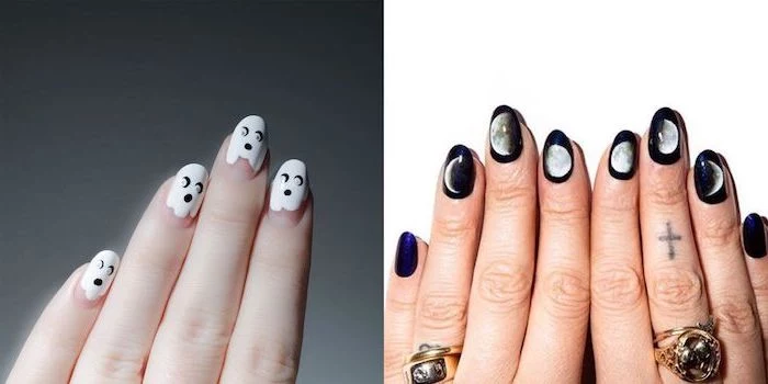 side by side photos, two different designs, black and white nail polish, almond nails, phases of the moon, orange ombre nails