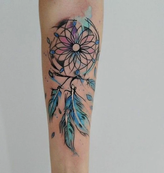 watercolor tattoo, disney dream catcher, forearm tattoo, white background, purple pink and blue colors