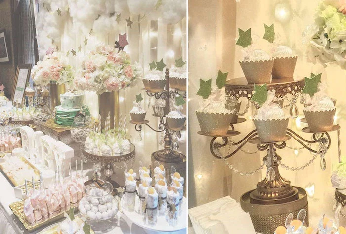 side by side photos, heaven sent theme, white tulle, fairy lights, two tier cake, dessert table, baby girl baby shower themes