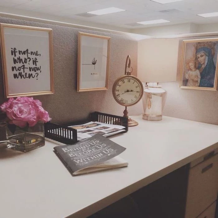framed art, inspirational quote, work desk decor, vintage clock, pink flower bouqet, white desk