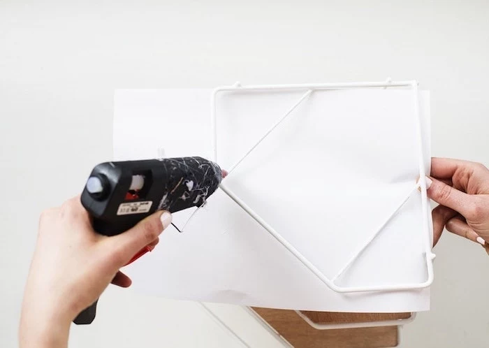 step by step, diy tutorial, wooden desk organiser, cubicle accessories, glue gun, white sheet of paper