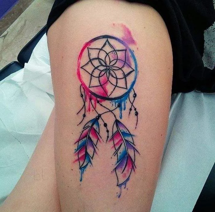 pink blue and purple colors, watercolor tattoo, thigh tattoo, disney dream catcher, white sheet of paper