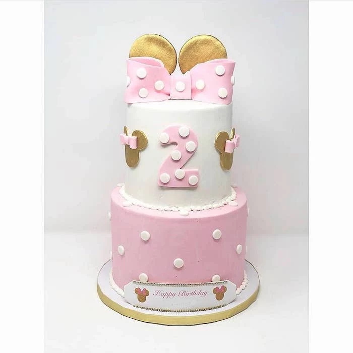 three tier cake, pink and white fondant, how to make a minnie mouse cake, gold ears, pink bow