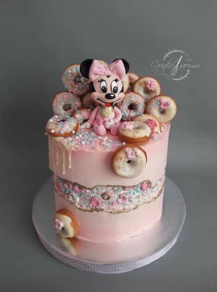 pink frosting, sprinkled donuts, easy minnie mouse cake, minnie cake topper, silver cake tray