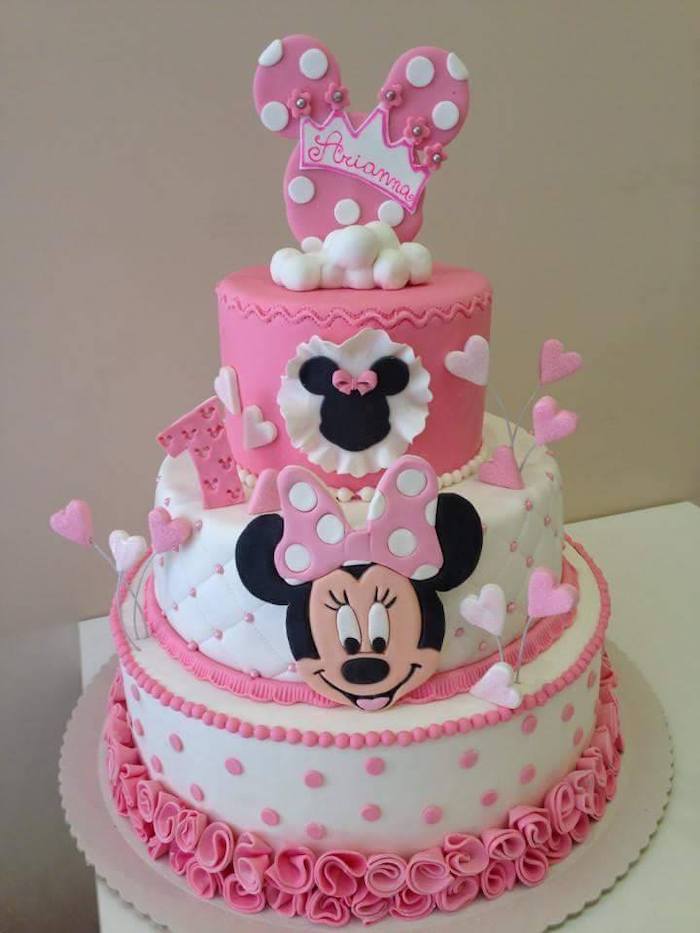three tier cake, pink and white fondant, easy minnie mouse cake, pink frosting