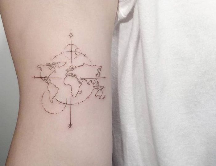 map of the world, compass tattoo ideas, forearm tattoo, white t shirt, white background
