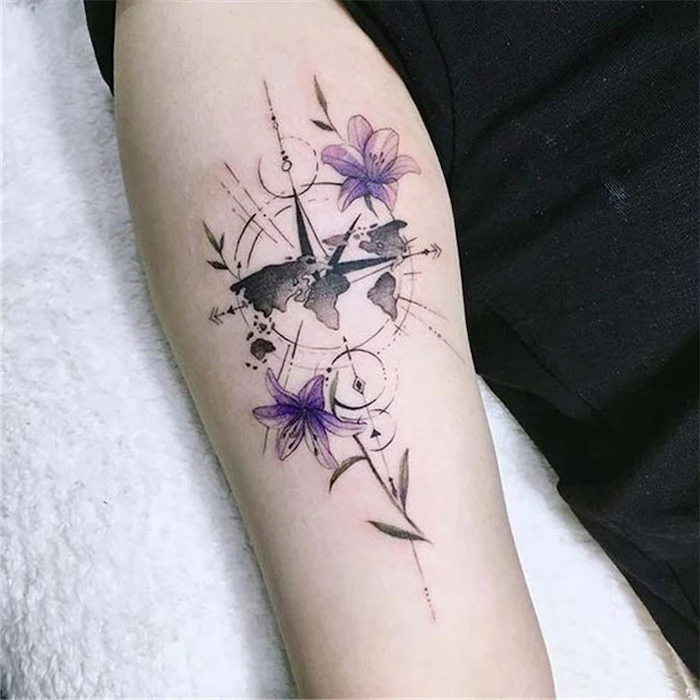 purple orchid flowers, map of the world, compass tattoo design, inside arm tattoo, white towel, black t shirt