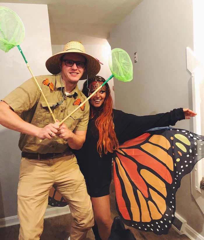easy halloween costumes for guys, woman dressed as a butterfly, man dressed as a bug catcher
