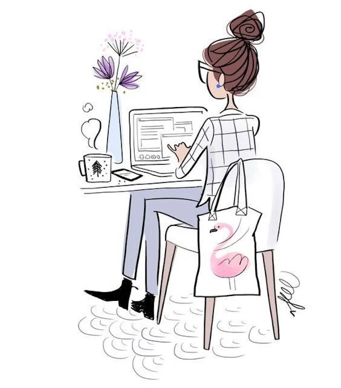 girl sitting on a chair, pics to draw, brown hair, white shirt and jeans, laptop and coffee mug